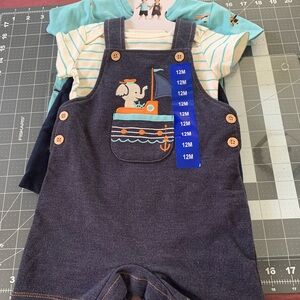 NWT 12 months 4 piece bundle set: Pekkle Boys Nautical Themed Overall set.